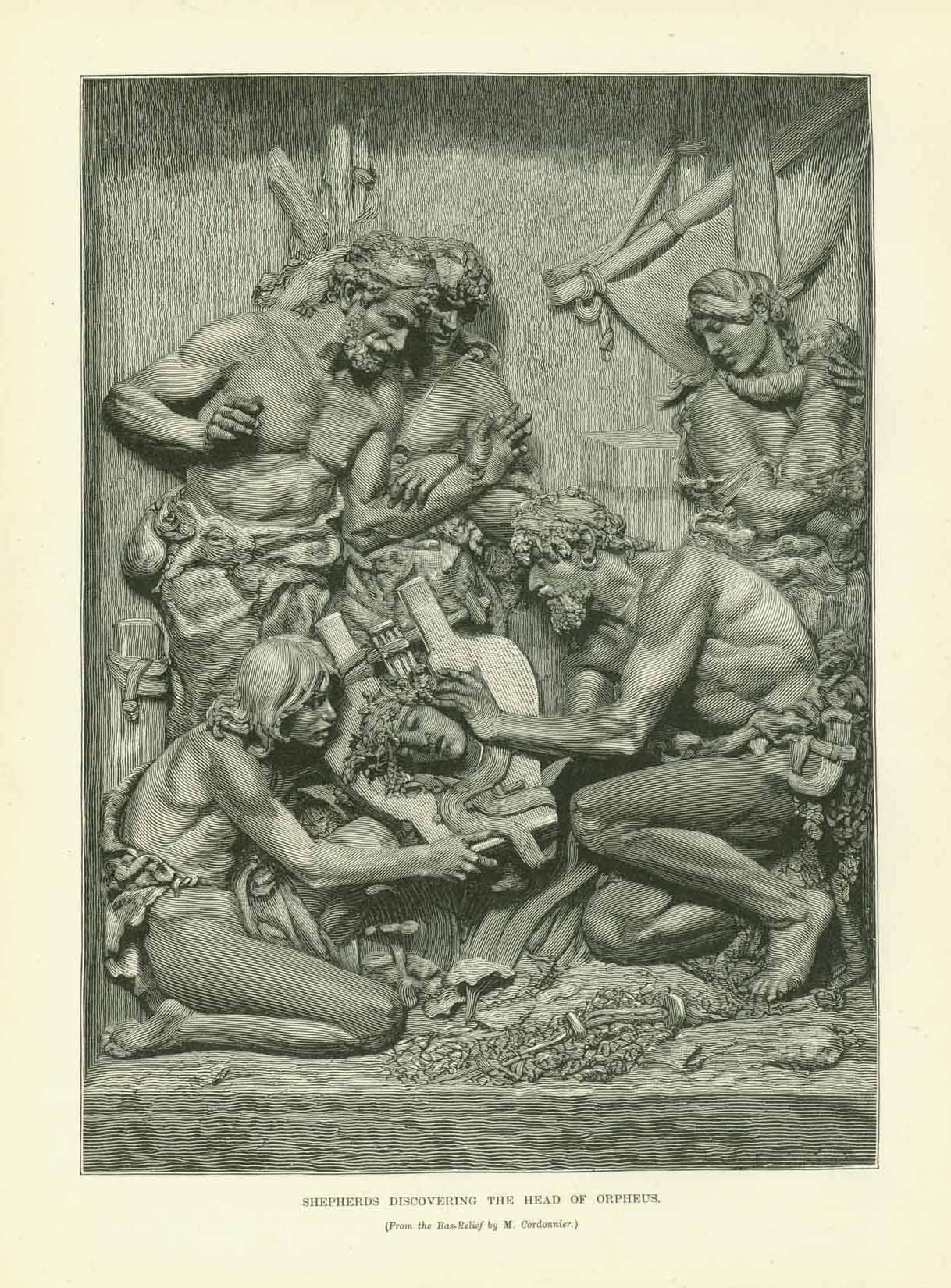 "Shepards Discovering the Head of Orpheus"  Wood engraving made after a Bas-Relief by M. Cordonnier. Published 1885. On the reverse side is an article about the bas-relief.