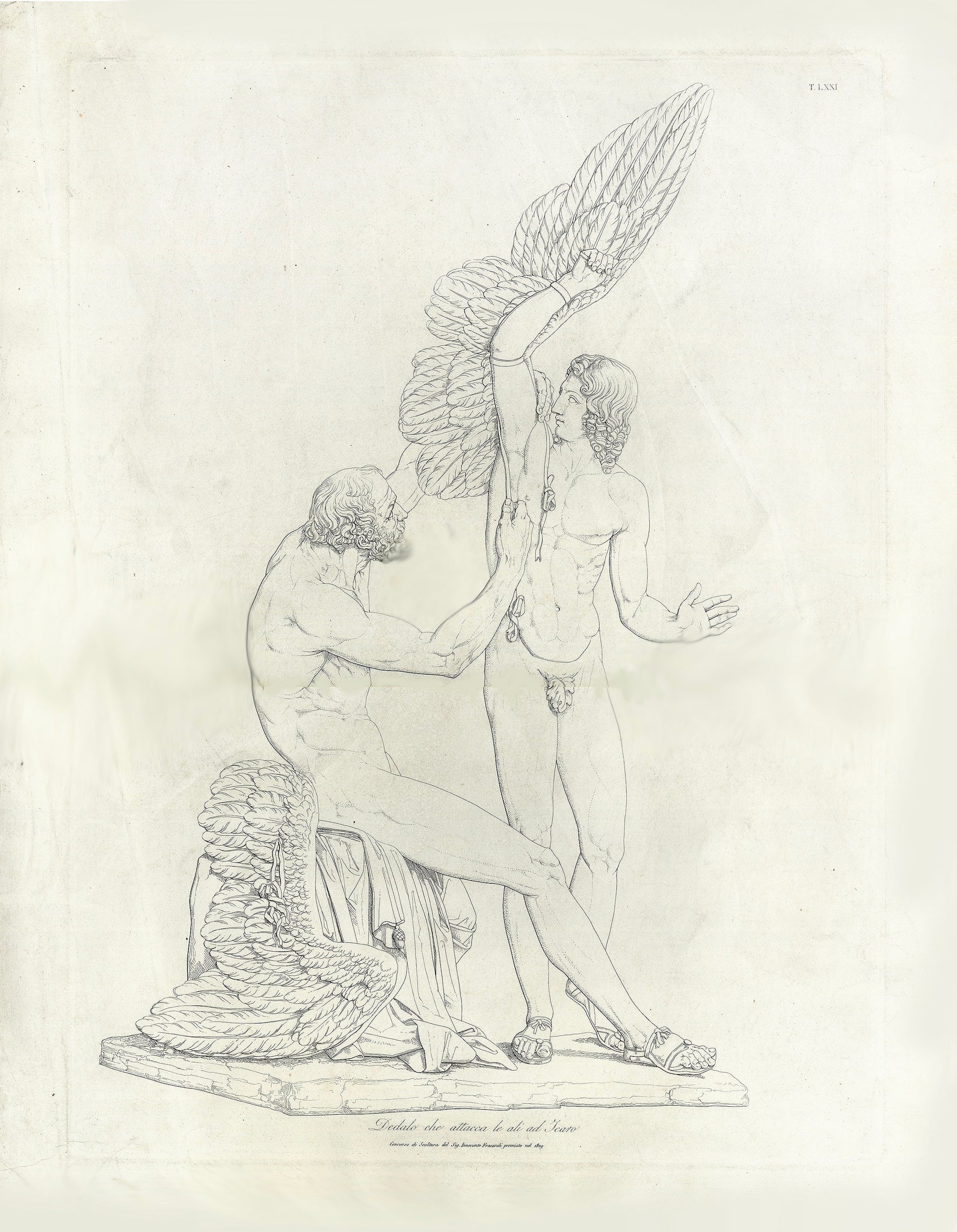 "Dedalo che attacca le ali ad Icaro"  Daidalos fastening the wings to Icarus  Copper line etching after a sculpture by Innocenzo Fraccaroli (Kastelruth 1805 - 1882 Milano)  "Daedalus und Ikarus"(Daedalo e Icaro) won the first price at the Brera art exhibition 1829.