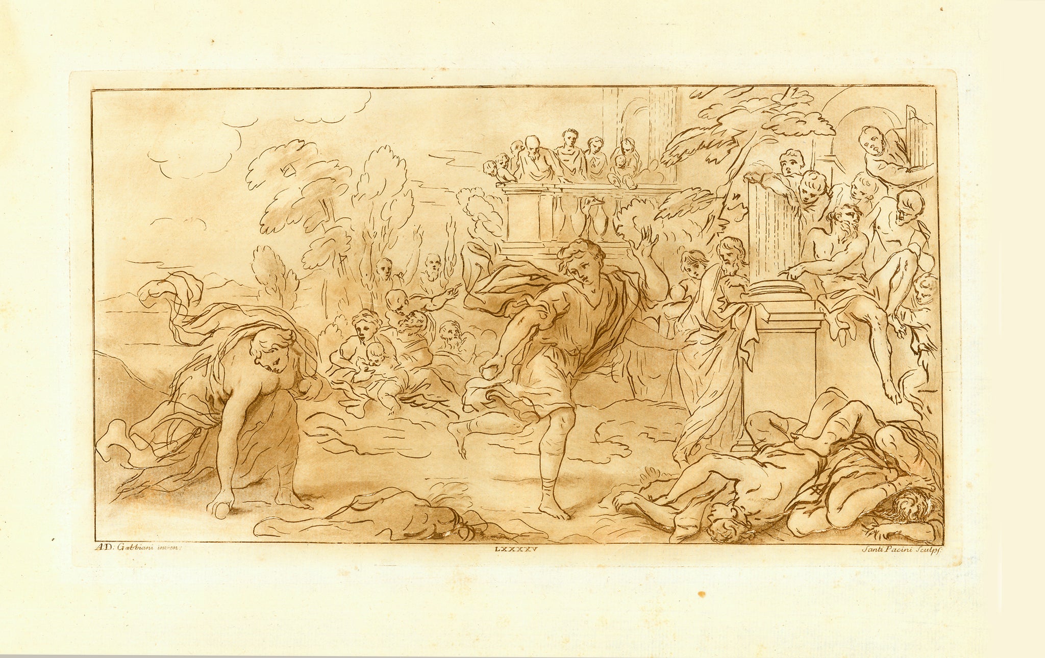 Atalante and Hippomenes (Melpomene)  Copper etching in sepia color by Santi Pacini (1735-1800).  After Antonio Domenico Gabbiani (1652-1726)  Name of the painting: "Atlante corre con Melpomene" (Melpomene is one of the nine muses in Greek Mythology)  Published in "Collection de cent Pensees" in this collection the nr. 95.  Rome, 1786