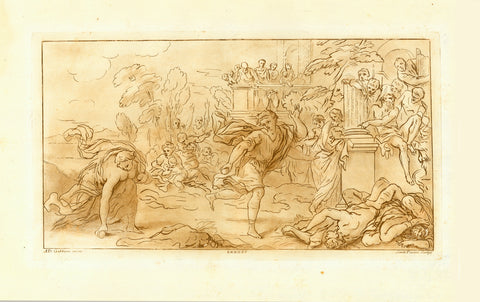 Atalante and Hippomenes (Melpomene)  Copper etching in sepia color by Santi Pacini (1735-1800).  After Antonio Domenico Gabbiani (1652-1726)  Name of the painting: "Atlante corre con Melpomene" (Melpomene is one of the nine muses in Greek Mythology)  Published in "Collection de cent Pensees" in this collection the nr. 95.  Rome, 1786