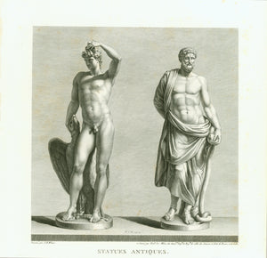 "Statues Antiques"  Left: Ganymede (the most beautiful among humans - loved by Zeus). Right Asclepius (God of Medicine)  Copper etching by Noel le Mire  After the drawing by Jean Baptiste Wicar (1762-1834)  Published in "Tableaux, Statues, Bas-Reliefs et Camees de la Galerie de Florence et du Palais Pitti". Florence, 1789