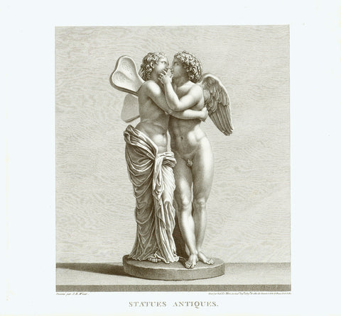 "Statues Antiques"  Psyche and Amor  One of the most touching stories in Greek Mytholgy, many times thematized in fine arts, in the art of music and in literature.  Copper etching by Noel de Mires  After the drawing by Jean Baptiste Wicar (also Vicar 1762-1834)  Published in "Tableaux, Statues, Bas-Reliefs et Camees de la Galerie de Florence et du Palazzo Pitti"