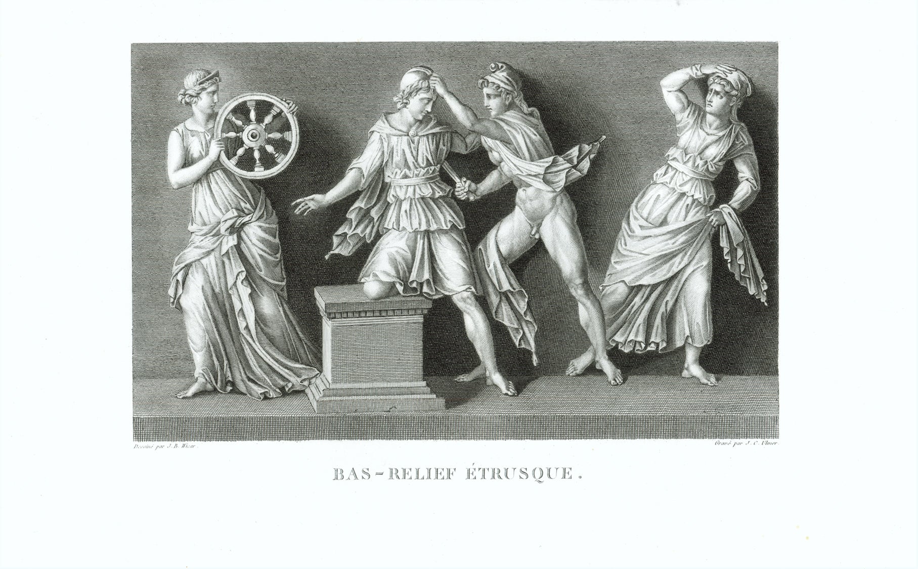 "Basrelief Etrusque". - Death of Polites - Son of Trojan King Priamos. Der Tod des Polites)  Copper etching by Johann Conrad Ulmer after the drawing by Jean Baptiste Wicar (1762-1834)  Published in "Tableaux, Statues, Bas-Reliefs et Camees de la Galerie de Florence et du Palazzo Pitti"  Florence, 1789-1807