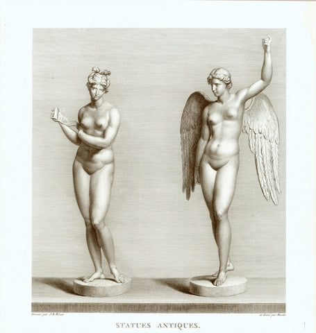 "Statues Antiques". - Femme sortant de bain - Genie de faune  Young woman coming from the bath - Composite creature (angel)  Copper etching by Marais after the drawing by Jean Baptiste Wicar (1762-1834)  Published in "Tableaux, Statues, Bas-Reliefs et Camees de la Galerie de Florence et du Palazzo Pitti"  Florence, 1789-1807