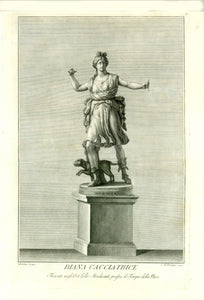 "Diana Cacciatrice"  Copper etching by Carlo Carloni  After the drawing by Vincenzo Dolcibene  Piublished in: "Il Museo Pio Clementino"  Rome, 1782  Diana - Roman Goddess of Hunting (Greek mythology: Artemis), patroness also of countryside and of the Moon.  This statue shows clearly, that Diana had a bow and an arrow on the taut tendant. An adequate and delightful possession for any passionate hunter with a classical mind.