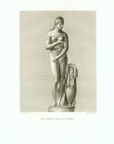 "Venus, dite la Venus du Capitole"  Copper etching by Bourgois  After the drawing by Ducq  Publlished in "Musee Royal"  By Henri Laurant  Paris, 1816  Venus modeled in the typical chaste rendering of the Aphrodite de Knidos. It is now in the possession of "Musei Capitolini" in Rome.