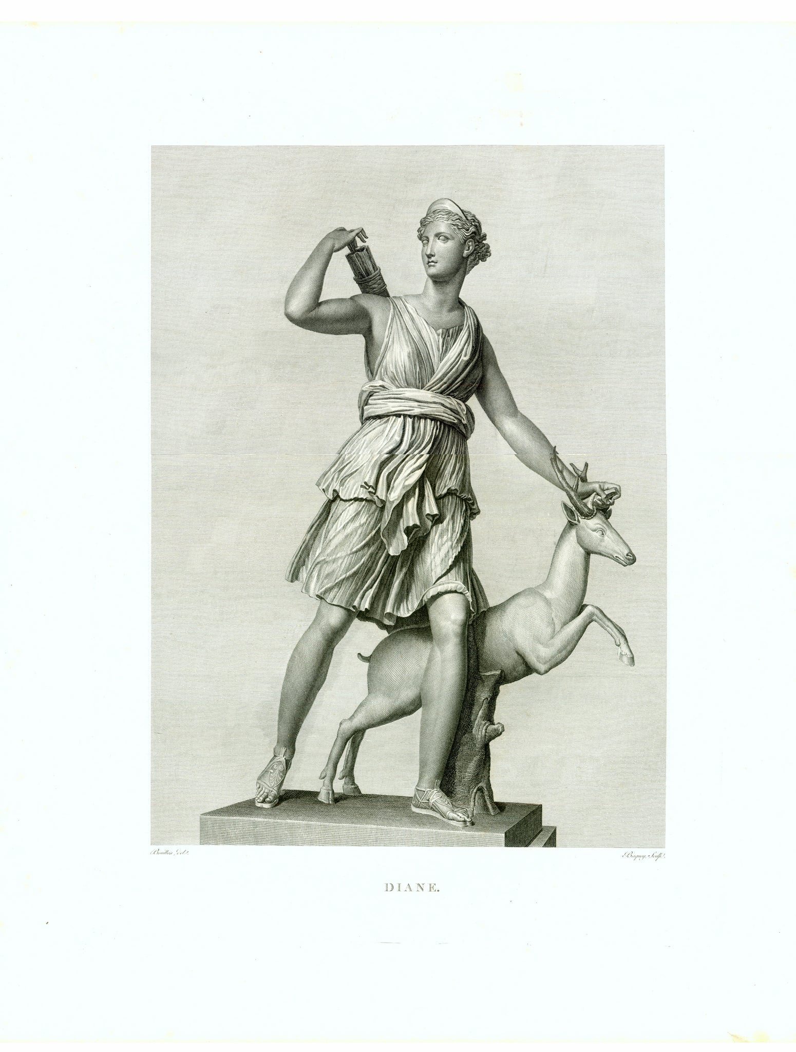 "Diane"  Copper etching by Baquoy  After the drawing by Bouillon  Published in "Musee Royal" by Henri Laurent  Paris, 1816  Roman Goddess of the Hunt ( Greek mythology: Artemis)  This statue, in the possession of the Louvre in Paris, has various names:  Diane of Versailles - Diana Huntress - Diana with a Doe - Diane a la biche. Diana, Artemis
