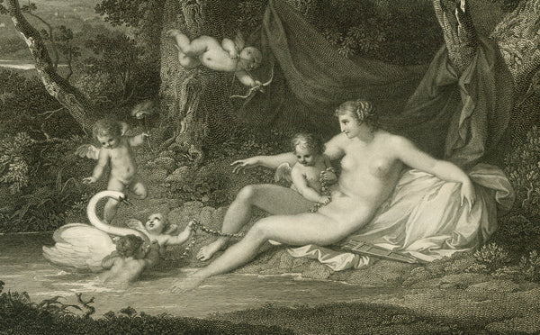  Mythology - Leda and the swan  "Jupiter and Leda"  Copper (stipple in most part) etching by Francesco Bartolozzi (1728-1815) figures  and Benjamin Charles Comte (landscape).  After the painting by F. Viera  Printed by McQueen. London, 1814  This is, in brief, the Greek mythological story: Jupiter fell in love with Leda, pretty young daughter of Zhestios and Eurythemis. He approached her disguised as a swan and, lo and behold, impregnated her. But Leda's husband, Tyndareos, mated with her in the same night.