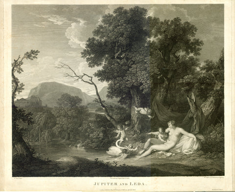  Mythology - Leda and the swan  "Jupiter and Leda"  Copper (stipple in most part) etching by Francesco Bartolozzi (1728-1815) figures  and Benjamin Charles Comte (landscape).  After the painting by F. Viera  Printed by McQueen. London, 1814  This is, in brief, the Greek mythological story: Jupiter fell in love with Leda, pretty young daughter of Zhestios and Eurythemis. He approached her disguised as a swan and, lo and behold, impregnated her. But Leda's husband, Tyndareos, mated with her in the same night.