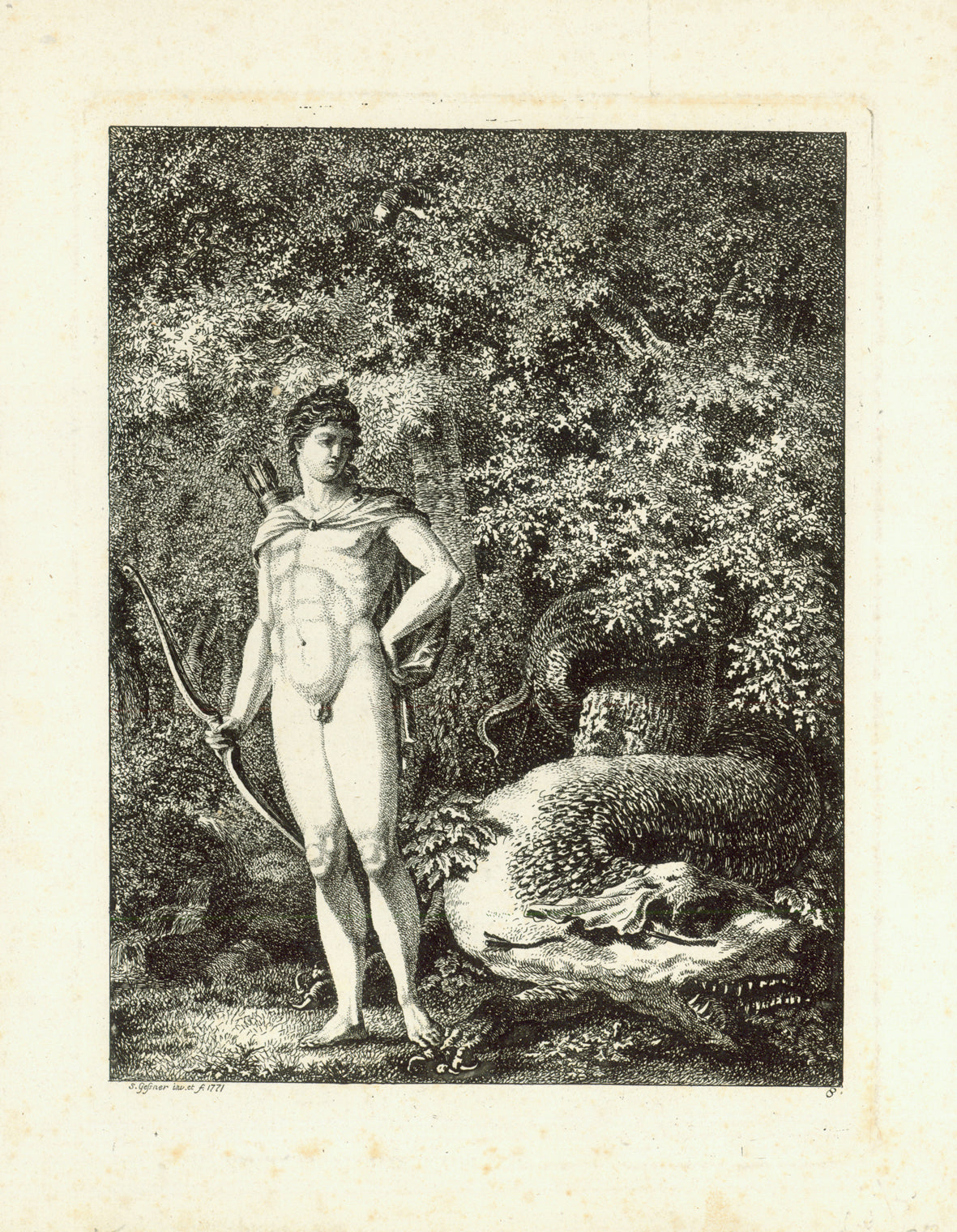 No title. Apollo, with bow and arrows, prepared to kill the fierce dragon.  This narrative of Greek / Roman mythology is described by Homer and, in variation, by Ovid.  Stipple copper etching by Salomon Gessner (1730-1788) after his own drawing.  Dated 1771
