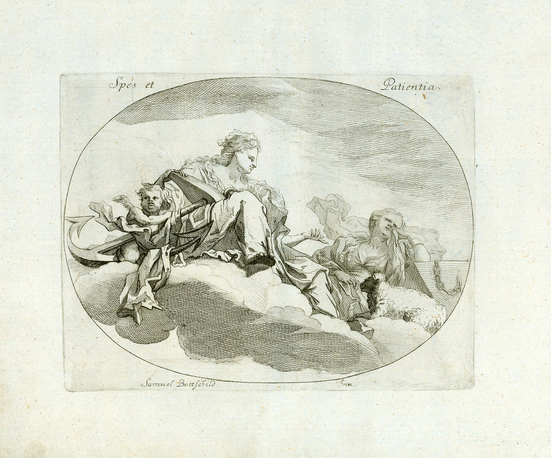 "Spes et Patientia" (Hoffnung und Geduld) (Hope and Patience)  The Roman godesses in the clouds. Spes has th attribute of an anchor and Patience is chained to a wall.  Copper engraving by Samuel Bottschild (1641-1706) Published ca. 1680.  Original antique print 