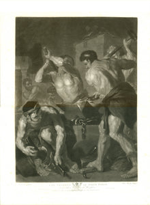 "The Cyclops at their Forge"  Velvety mezzotint copper print of the highest quality.  Engraver: John Murphy (ca. 1740-ca. 1820)  after the painting by Luca Giordano (1634-1705)  Publisher: John & Josua Boydell  London, dated 1788  Original antique print   In Greek mythology cyclopes were three sons of Uranus and Gaea. Their names were Arges, Brontes and Steropes. They had to forge the thunderbolts for Zeus. And that is the scene we are looking at. Three immensely muscular males at work.  Mezzotinta engravin