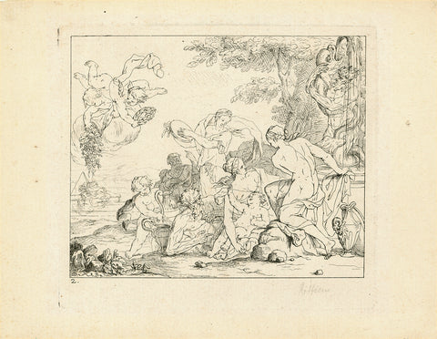    No title. - Classic garden party. Three young girls (women) have gathered in classic times near a fountain for a happy garden party. Neptune is holding a dolphin spewing water. Two men are mere staffage, while the girls are surrounded by  putti Baroque style. On the left, in the distance, we have an Egyptian pyramid.  Lovely playful line copper etching (obviously nr. 2 of a series). Ca. 1730.  No title, no artist engraved. Only a penciled in "Roettiers" (repeated on reverse side of print), justifiably po