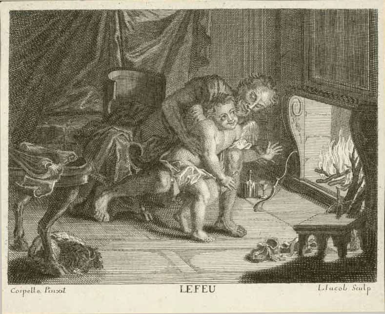 "Le Feu"  Copper engraving by Louis Jacob (1712-?)  After the painting by  One of the four elements: Fire  Original antique print , interior design, wall decoration, ideas, idea, gift ideas, present, vintage, charming, special, decoration, home interior, living room design