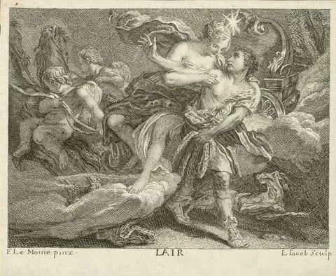 "L'Air"  Copper engraving by Louis Jacob (1712-?)  After the painting by Jacques-Antoine-Marie Lemaoine (1751-1824)  One of the four elements: Air  Narrow margins. Verso: remnants of mounting. Collector's stamp  Original antique print , kkk
