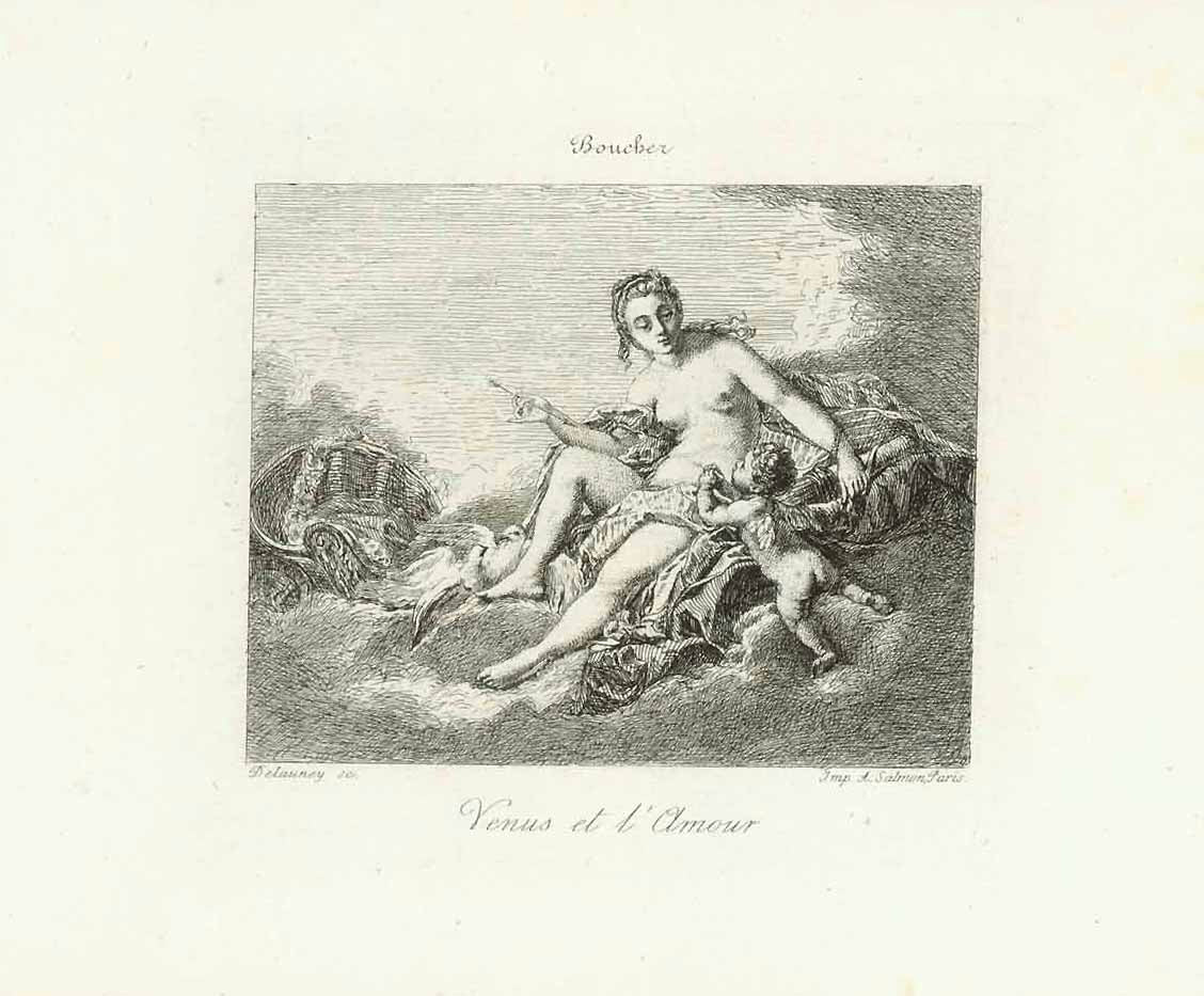 "Venus et l'Amour"  Venus o a cushion, holding the arrow, which  winged Amor putto had fired at her..  To her left: Her Chariot with doves  Etched by Ribert Delauney (1749-1814)  Paris, ca. 1790  Original antique print , interior design, wall decoration, ideas, idea, gift ideas, present, vintage, charming, special, decoration, home interior, living room design
