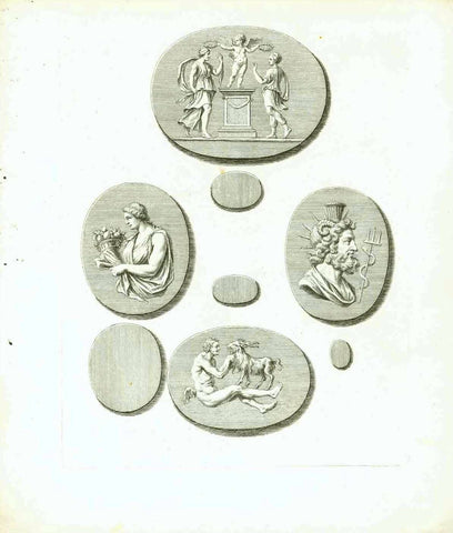 MYTHOLOGY - Gems? Cameos?  No titles. No artists. No publisher. No exact date of printing.  Collection of 7 anonymous copper etchings. The form of their depiction suggests, that he images are pictures of gems (cameos).  The depictions are all mythological scenes  Original antique print , interior design, wall decoration, ideas, idea, gift ideas, present, vintage, charming, special, decoration, home interior, living room design