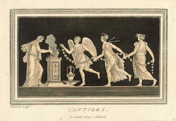 Series of 4 absolutely delightful Roman dancing maenads, each titles "L'Antiques"  Hand-toned aquatints by Johann Carl Schleich (1759-1842)  Published individually and sold individually in Schleich's atelier.  Original antique print , interior design, wall decoration, ideas, idea, gift ideas, present, vintage, charming, special, decoration, home interior, living room design