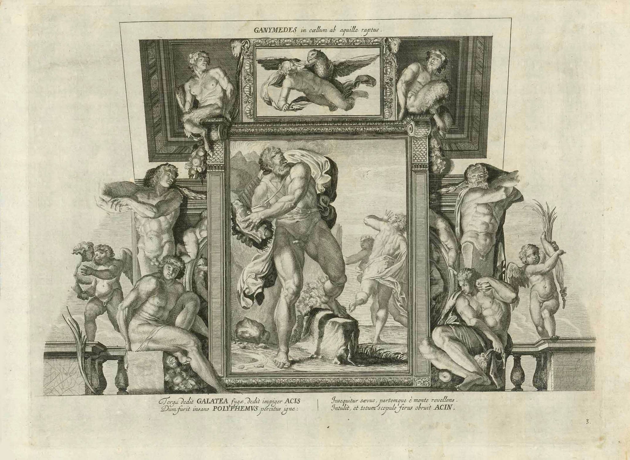 "Terga dedit Galatea fugae, dedit impiger Acis - Dum furitinsano Polyphemus percitus igneÉ"  This copper etching after the wall fresco painted by Annibale Carracci in the Galleria Farnese in Rome is not signed by an engraver. It was executed ca. 1750 and published as plate nr. 5 in an album about the wall frescos by Carracci (1560-1609) in the Villa Farnese.  Cyclope Polyphemis, who was the lover of Galatea was enraged when he found out that Galatea had another lover: Acis. He picked up a rock and threw it 