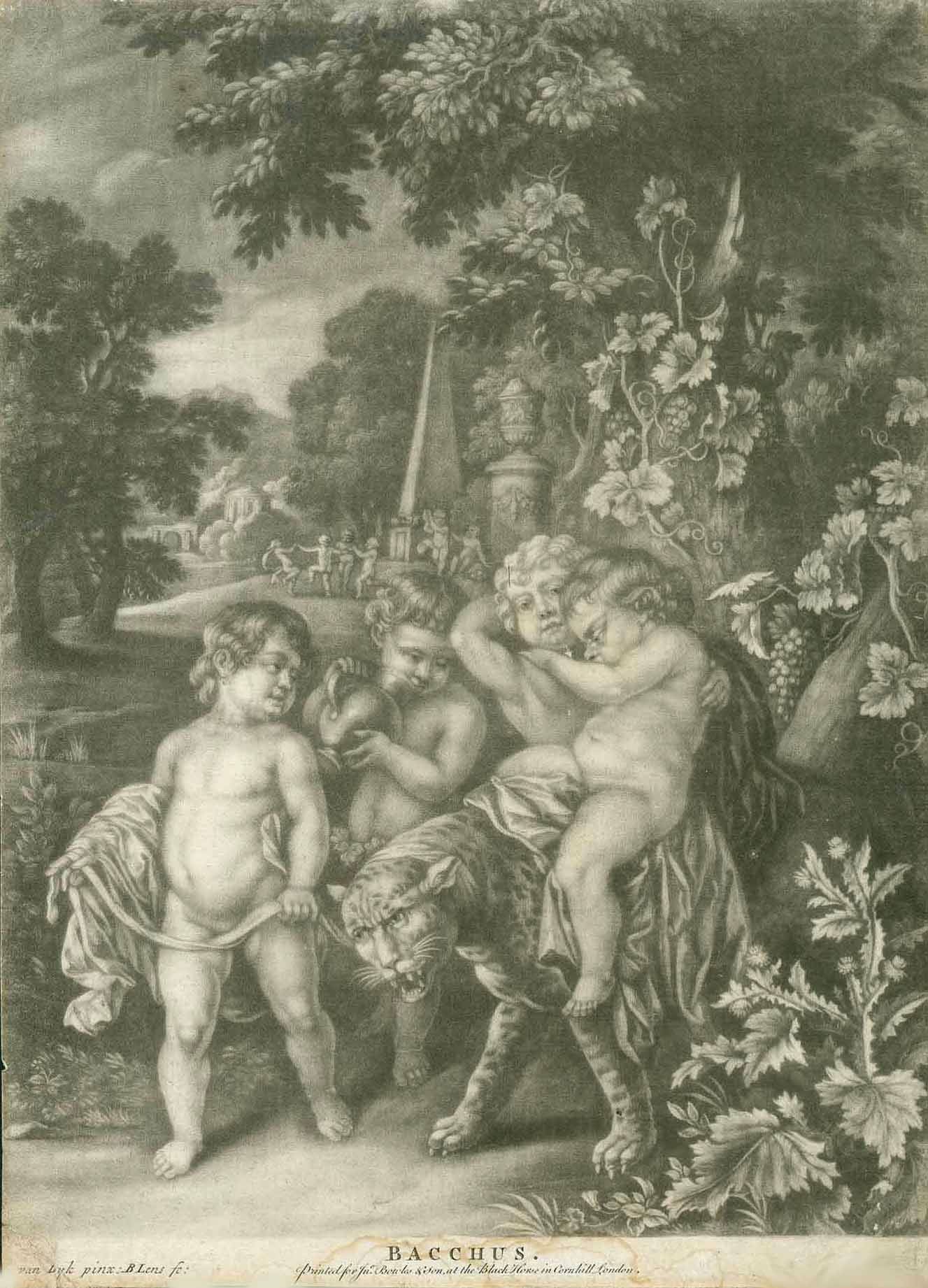 "Bacchus"  Mezzotint by Bernard Lens II (1659-1725)  After the painting by Anthony van Dyck  London, ca. 1690  Bacchus, as a child, riding insecurely on a leopard. He is accompanied by three companions, one guiding the leopard by least, one holding a jug of wine and the third supporting Bacchus on the leopard.  Original antique print , interior design, wall decoration, ideas, idea, gift ideas, present, vintage, charming, special, decoration, home interior, living room design