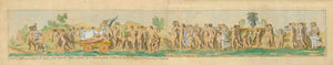 Bacchanal Parade in antique times. Lead by a faun-family (mother father child fauns) we see a happy go lucky bacchanal parade on the way to a lustful event. Hand-colored copper etching printed from two plates (because of size) By Cornelis Vermeulen (ca. 1644-1709) After the drawing by Raymond Lafage (1656-1684) Publisher: Jan van der Bruggen. Paris, ca. 1690 Original antique print 