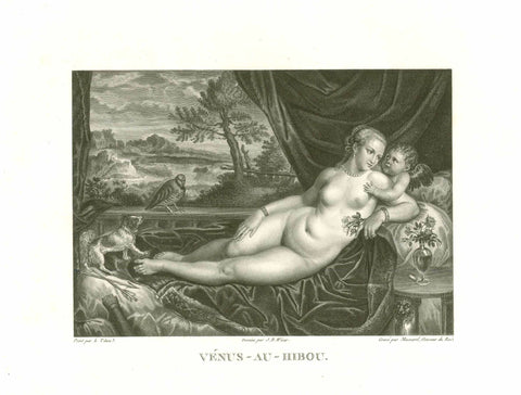 "Venus - Au - Hibou" (Venus and the owl)  Copper engraving by Massard after J. B. Wicar after a painting by Titien ca 1780.  Original antique print  