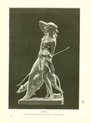 Antique print, Diana, "Artemis"  Wood engraving ca 1900. The statue is by Hamo Thornycroft and was exhibited in 1880 by the Royal Academy in London.  Original antique print  