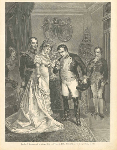 "Napoleon I Begegnung mit der Koenigin Luise von Preussen in Tilsit"  Wood engraving after Franz Kollarz published 1879. On the reverse side is an unrelated text.  Original antique print 