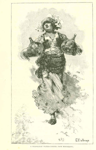 Antique print, "A Neapolitan Water-Carrier From Mergellina"  Wood engraving made after E. Dalbono. The image is surrounded by text about Dalbono that is also partially on he revere side. Published ca 1890.  Original antique print  