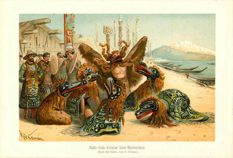 "Bella-Kula Indianer beim Maskentanz"  Fine chromolithograph after Rudolf Cronau. Published 1904  Bella Coola is a town in British Columbia.  Original antique print , interior design, wall decoration, ideas, idea, gift ideas, present, vintage, charming, special, decoration, home interior, living room design