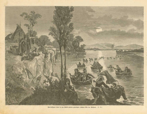 "Ree-Indianer setzen in aus Bueffel-Haeuten gefertigen Kaehnen ueber den Missouri" (Ree Indians get in buffalo-hide boats on the Missouri)  Wood engraving published 1879.  Original antique print 