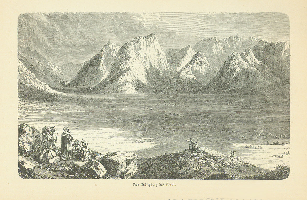 "Der Gebirgszug bei Sinai"  Wood engraving published 1885. On the reverse side is tex ( in German) about early exploration in the area.