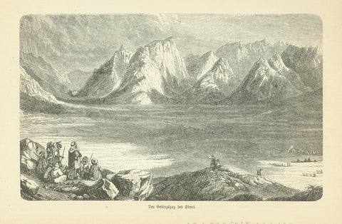 "Der Gebirgszug bei Sinai"  Wood engraving published 1885. On the reverse side is tex ( in German) about early exploration in the area.