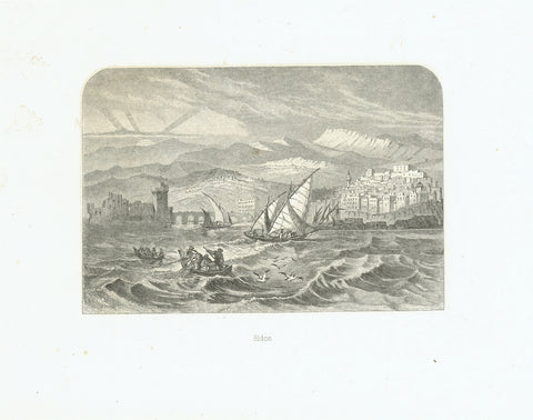"Sidon"  Original antique print   A view of Sidon from the Mediterranean. Wood engraving published 1861., Lebanon, Libanon