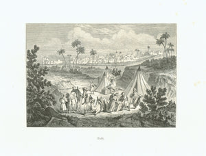 "Gaza"  Original antique print   In the foreground is a lively scene of traders? with their camels. In the background is the city of Gaza (Ghazza, Gasa),  Wood engraving published 1861. Palestine, Palästina, Beduinen, Händler?