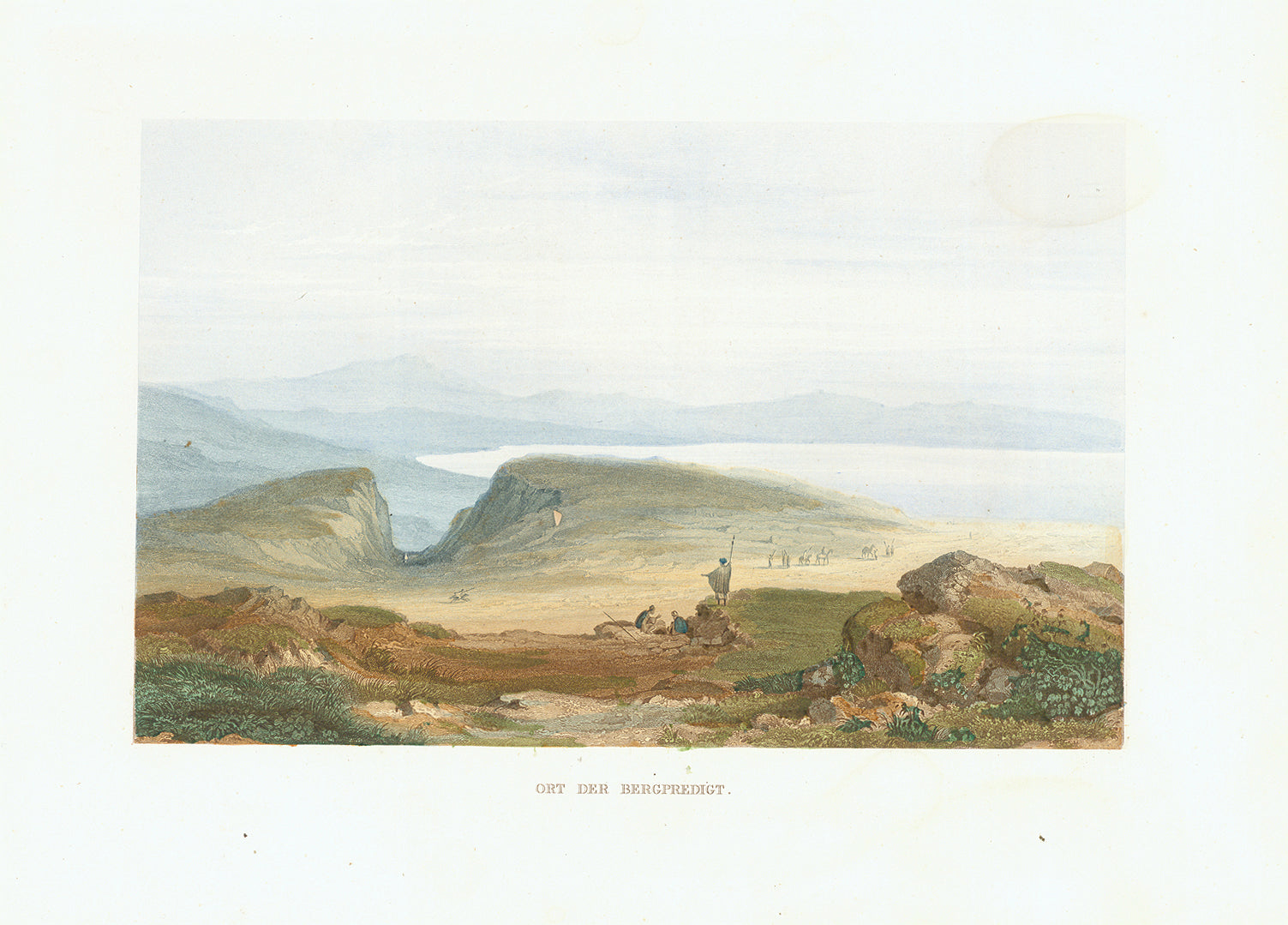 "Ort der Bergpredigt"  Original antique print   This is the sight of the Sermon on the Mount. It is located on the north end of Lake Geneserath.  Toned steel engraving with hand-colored finishing. Published 1861.