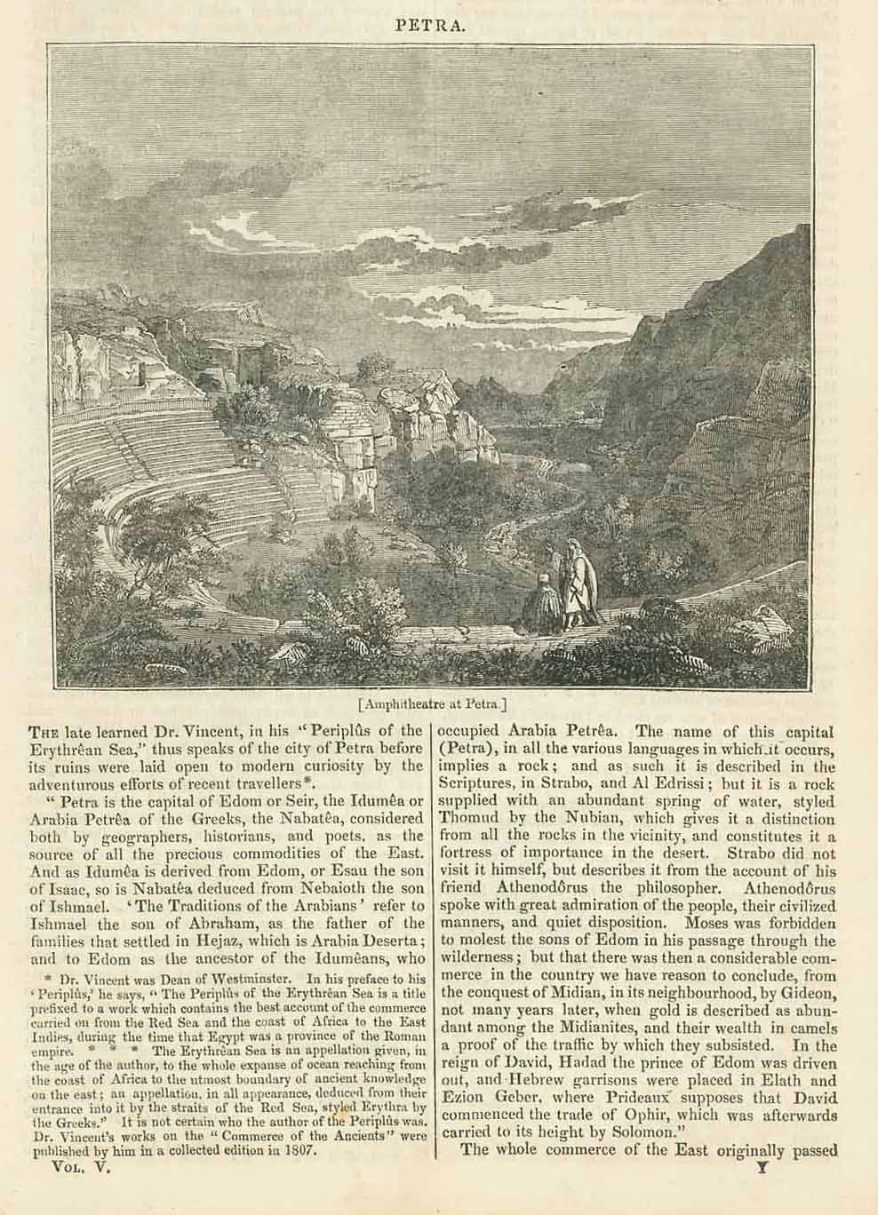 "Amphitheater at Petra"  Jordan  Wood engraving on a page of text about Petra and the archeological excavations that continues on the reverse side and on a second page. Published 1836., interior design, wall decoration, ideas, idea, gift ideas, present, vintage, charming, special, decoration, home interior, living room design