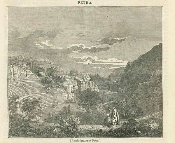 "Amphitheater at Petra"  Jordan  Wood engraving on a page of text about Petra and the archeological excavations that continues on the reverse side and on a second page. Published 1836. interior design, wall decoration, ideas, idea, gift ideas, present, vintage, charming, special, decoration, home interior, living room design
