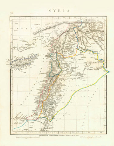 "Syria"  Cyprus, Near East  Copper engraving map by Aaron Arrowsmith dated 1828. Original hand outline coloring. Very detailed.  Original antique print    For a 30% discount enter MAPS30 at chekout   Map image is very clean. Some very light spotting in upper margin near title.