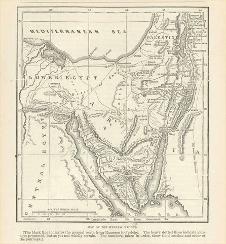 Antique "Map of the Hebrew Exodus"  Wood engraving published 1863.  Original antique print    For a 30% discount enter MAPS30 at chekout 