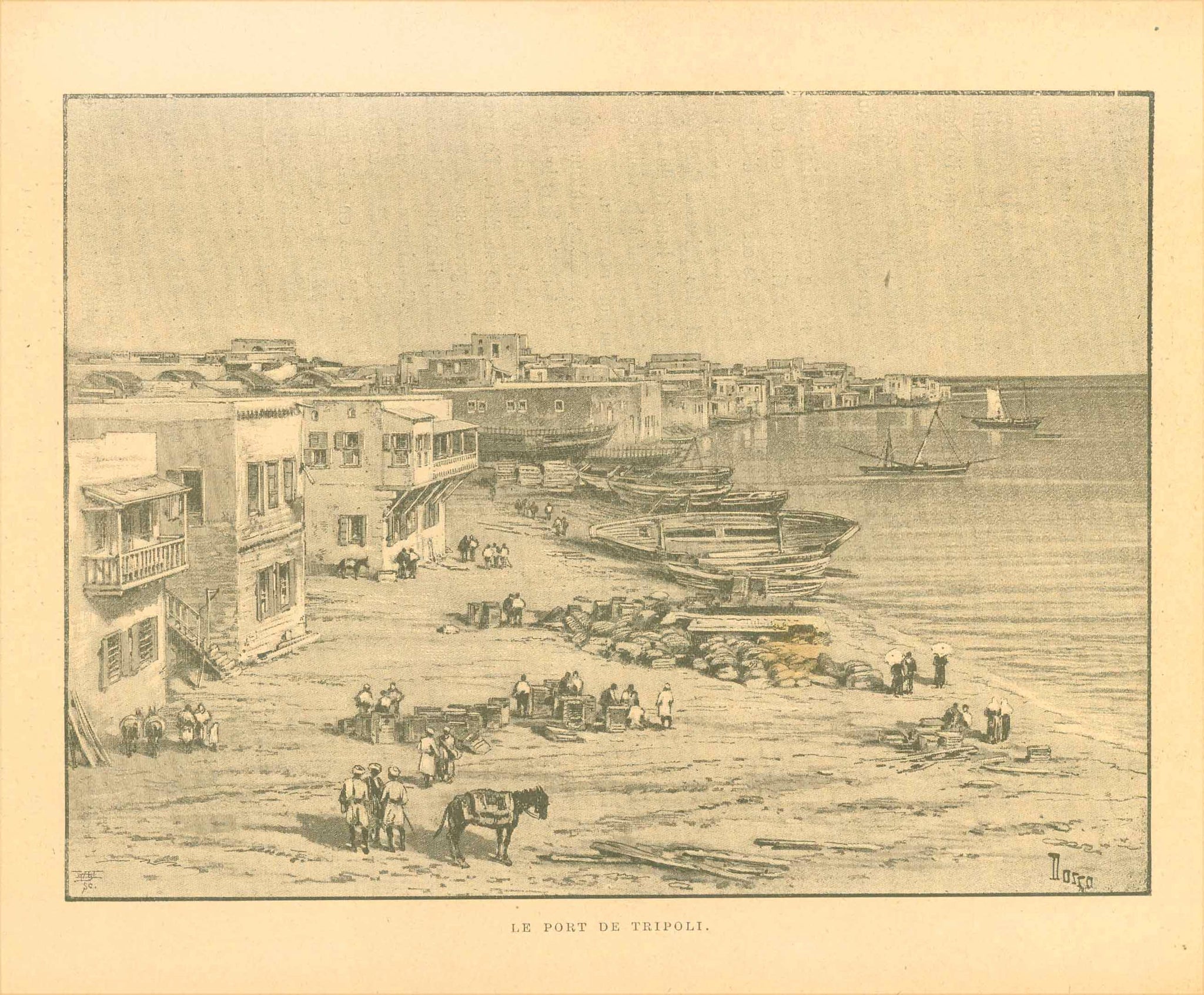 Antique print of Libya, "Le Port De Tripoli"  Zincograph ca 1890. On the reverse side is text in French about Tunisia. Overall light natural age toning.  Original antique print  