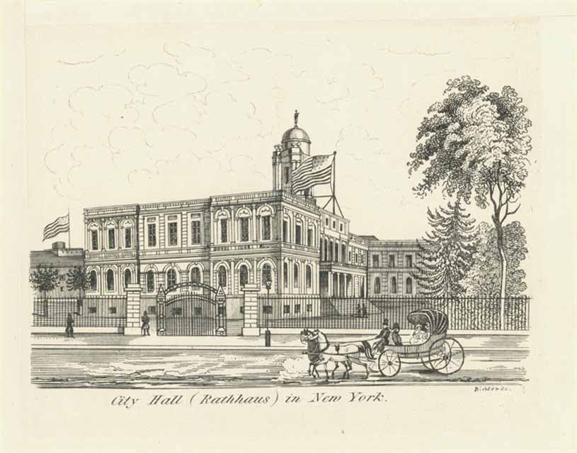 "City Hall (Rathhaus) in New York"  Copper etching 1837.