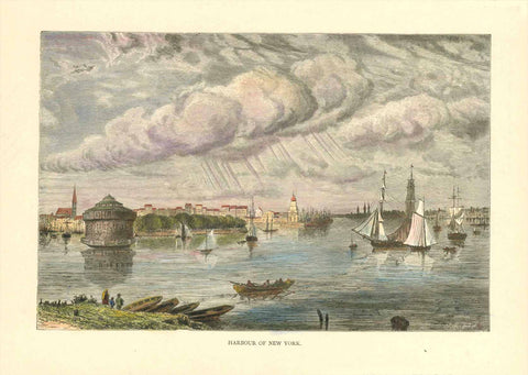 "Harbour of New York"  Very attractive wood engraving of the Harbour of New York in earlier times.