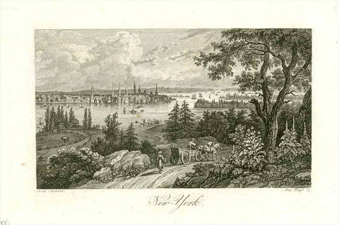 "New York"  Copperplate engraving by Leop. Beyer after Milbert ca 1830. Interesting view from across the Hudson River in early times. Seldom!