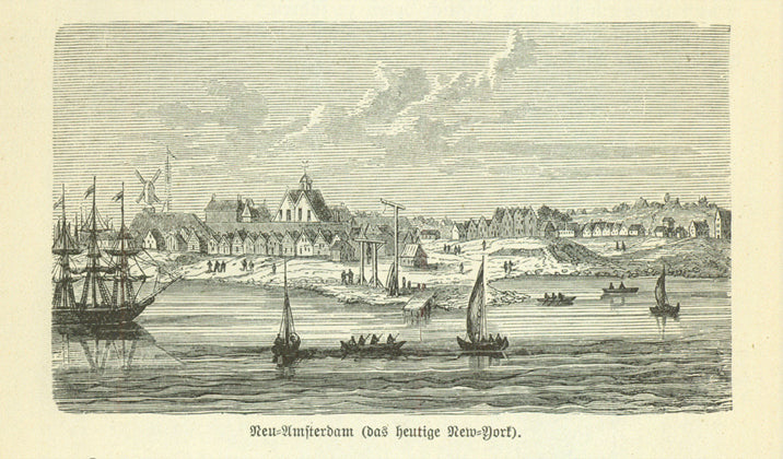 "Neu Amsterdam (das heutige New York)  Wood engraving on a page of text about the early settlement of New York City. Text continues on reverse side. Published 1885.