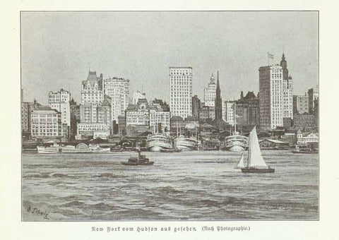 "New York vom Hudson aus gesehen"  Wood engraving made after a photogrph on a page of text  about New York that contnues on the reverse side. Published 1904  Original antique print 