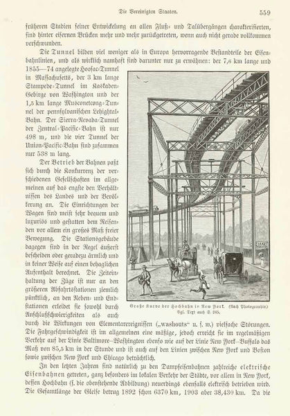 "Grosse Kurve der Hochbahn in New York"  Xylograph made after a photograph 1904. The image is on a page of German text about this high railway and the postal and telegraph system of New York City.