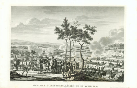 "Bataille d'Abensberg, livree le 20 Avril 1809"  Several battles took place (from April 19 to April 22, 1809) between Austrian troups under Archduke Karl and the French army under Emperor Napoleon I.  Copper etching by Edme Bovinet  After the drawing by Jacques Francois Joseph Swebach-Desfontaines (1769-1823)