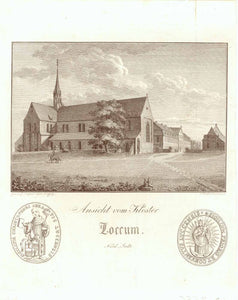 Antiker Stich, "Ansicht vom Kloster Loccum. Nord-Seite"  Kloster Loccum, Niedersachsen, Zisterzienserklosters, Evangelischen Akademie Loccum  Kupferradierung von Georg Ludwig Comperl (1797-1859)  Seltener Einblattdruck um 1820  Den Titel links und rechts flankierend je ein Abdruck eines Siegels.  Ehemalige Zisterzienserabteil, Gegründet im Jahr 1163 war Loccum eine Filialgründung des Zisterzienserklosters in Volkenroda (Thüringen). Heute Heim der der "Evangelischen Akademie Loccum"  Original antique print  