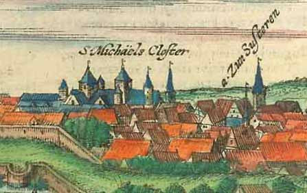 "Hildesheim"  General view.  Hand-colored copper etching.  Published in "Civitates Orbis Terrarum"  By author and publisher Georg Braun (1541-1622) and engraver and publisher Frans Hogenberg (1535-1590)  Cologne, 1574  Original antique print 